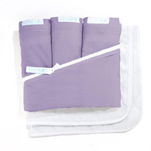 Load image into Gallery viewer, Deluxe Crib Starter Pack in Lavender: Includes 1 Wraparound Base + 3 Cotton Zip-On Sheets + 2 Waterproof Flat Felt Mattress Pads