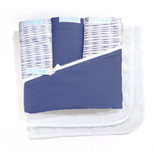 Load image into Gallery viewer, Deluxe Crib Starter Pack in Navy, Navy Shibori: Includes 1 Wraparound Base in Navy + 3 Cotton Zip-On Sheets (1 Navy and 2 Navy Shibori) + 2 Waterproof Flat Felt Mattress Pads