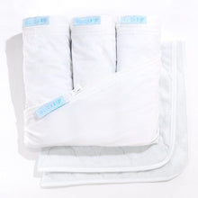 Load image into Gallery viewer, Deluxe Crib Starter Pack in White: Includes 1 Wraparound Base + 3 Cotton Zip-On Sheets + 2 Waterproof Flat Felt Mattress Pads