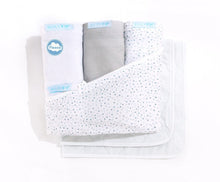 Load image into Gallery viewer, Deluxe Crib Variety Starter Pack in Gray Dot: Includes 1 Wraparound Base + 3 Zip-On Sheets (1 Solid Gray Cotton, 1 Gray Dot Cotton, 1 White Minky Fleece) + 2 Waterproof Flat Felt Mattress Pads