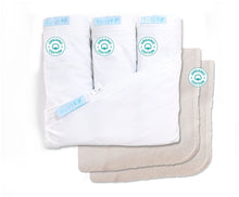 Load image into Gallery viewer, Deluxe Crib Starter Pack in Organic Cotton White: Includes 1 Cotton Wraparound Base + 3 Organic Cotton Zip-On Sheets + 2 Waterproof Flat Organic Mattress Pads