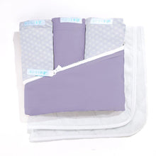 Load image into Gallery viewer, Deluxe Crib Starter Pack in Lavender, Lavender Wave: Includes 1 Wraparound Base in Lavender + 3 Cotton Zip-On Sheets (1 Lavender and 2 Lavender Wave) + 2 Waterproof Flat Felt Mattress Pads